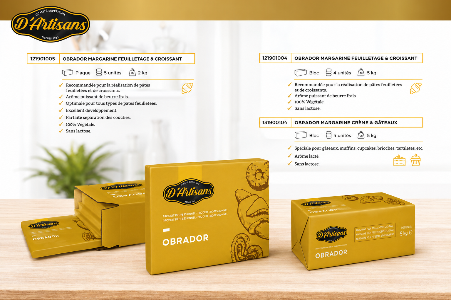 OBRADOR Beurre Margarine Feuilletage 82,5% MG – Carton 5 kg (4 x 1 kg)