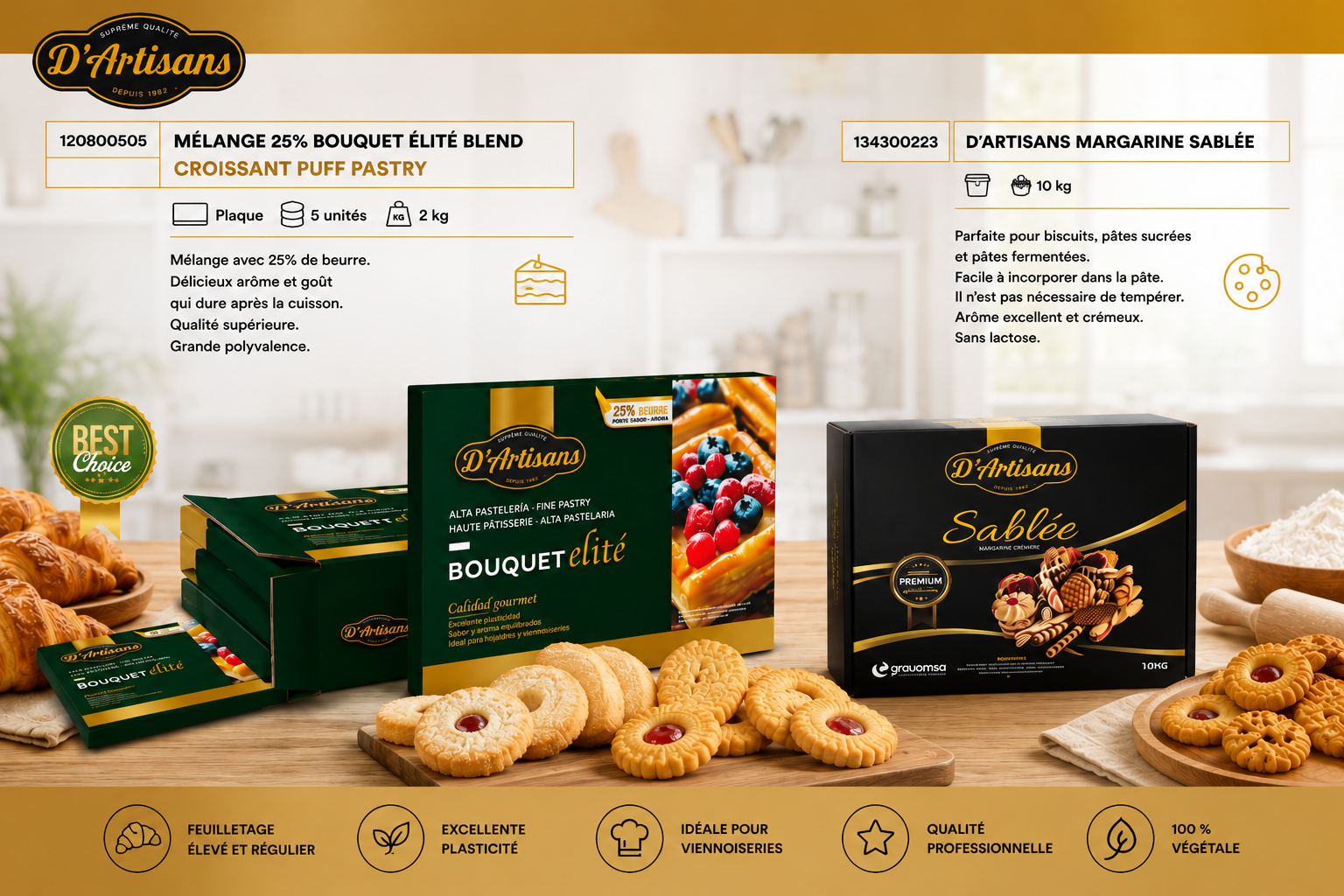 Margarine Feuilletage 80 % MG D'Artisans Bouquet Élite – Carton 10 kg (5 x 2 kg)