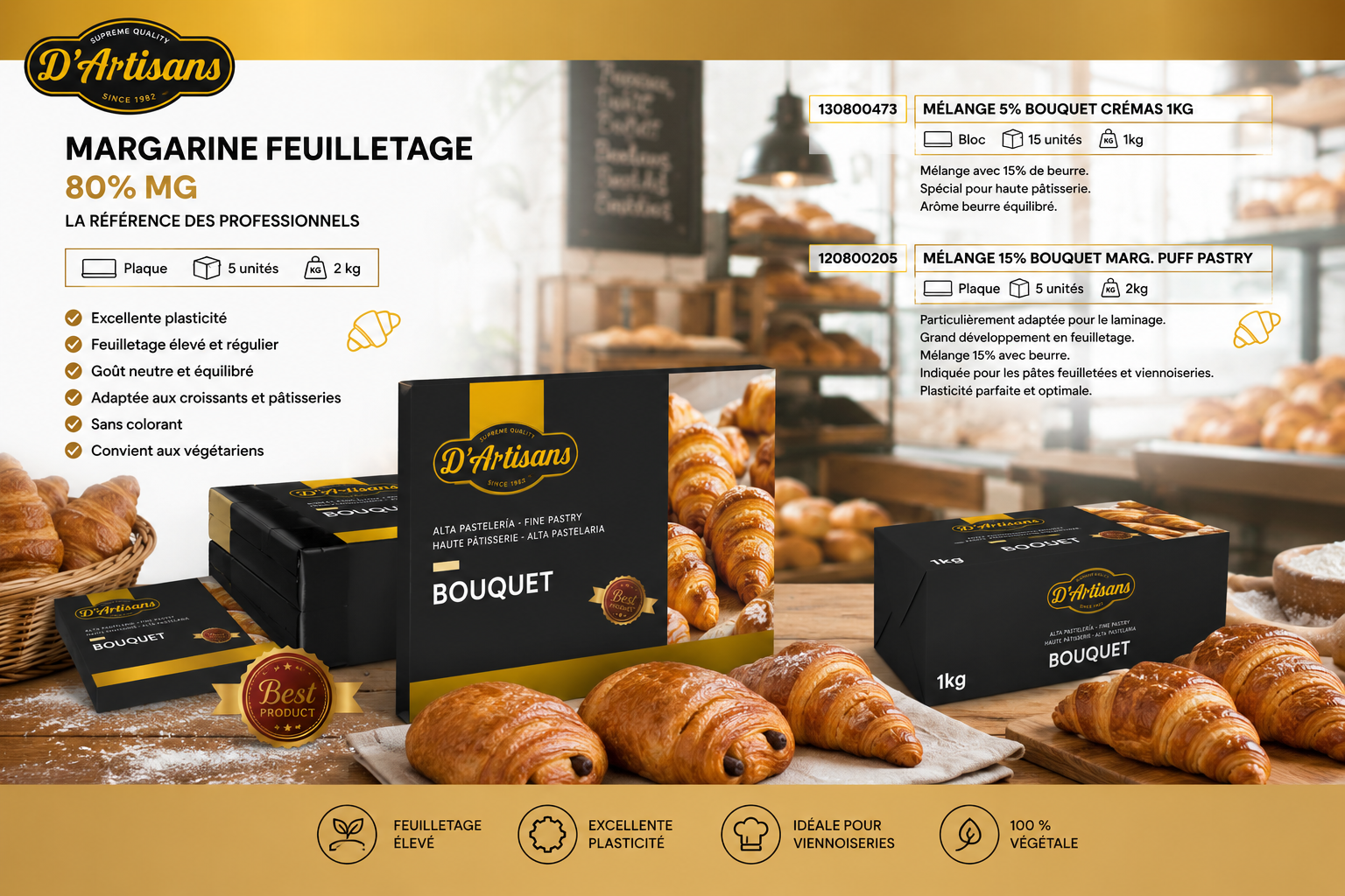 Margarine Feuilletage 80 % MG D'Artisans Bouquet – Carton 10 kg (5 x 2 kg)