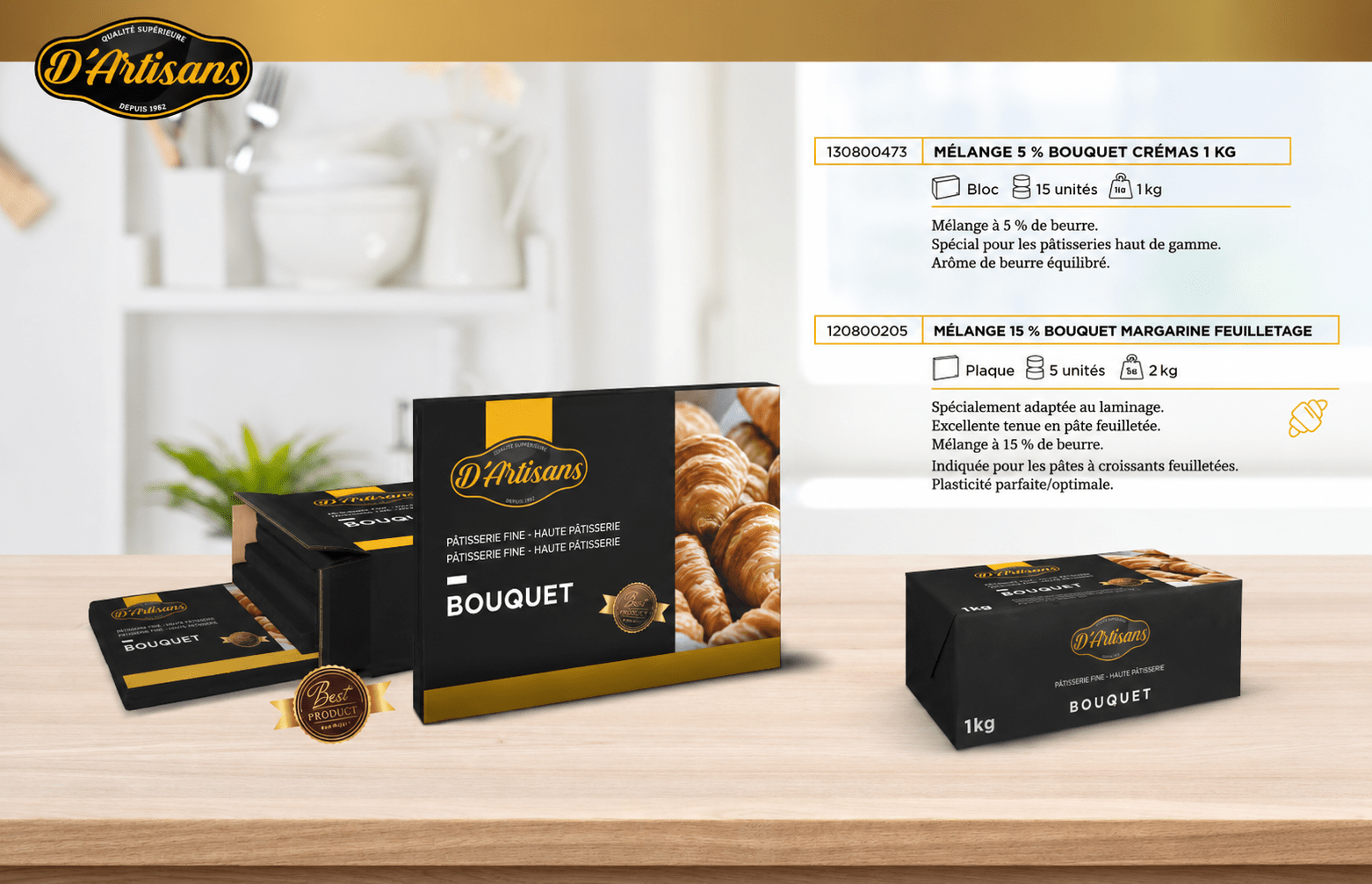 Mélange Beurre-Margarine D’Artisans BOUQUET 80 % MG – Carton 10 kg (5 × 2 kg)