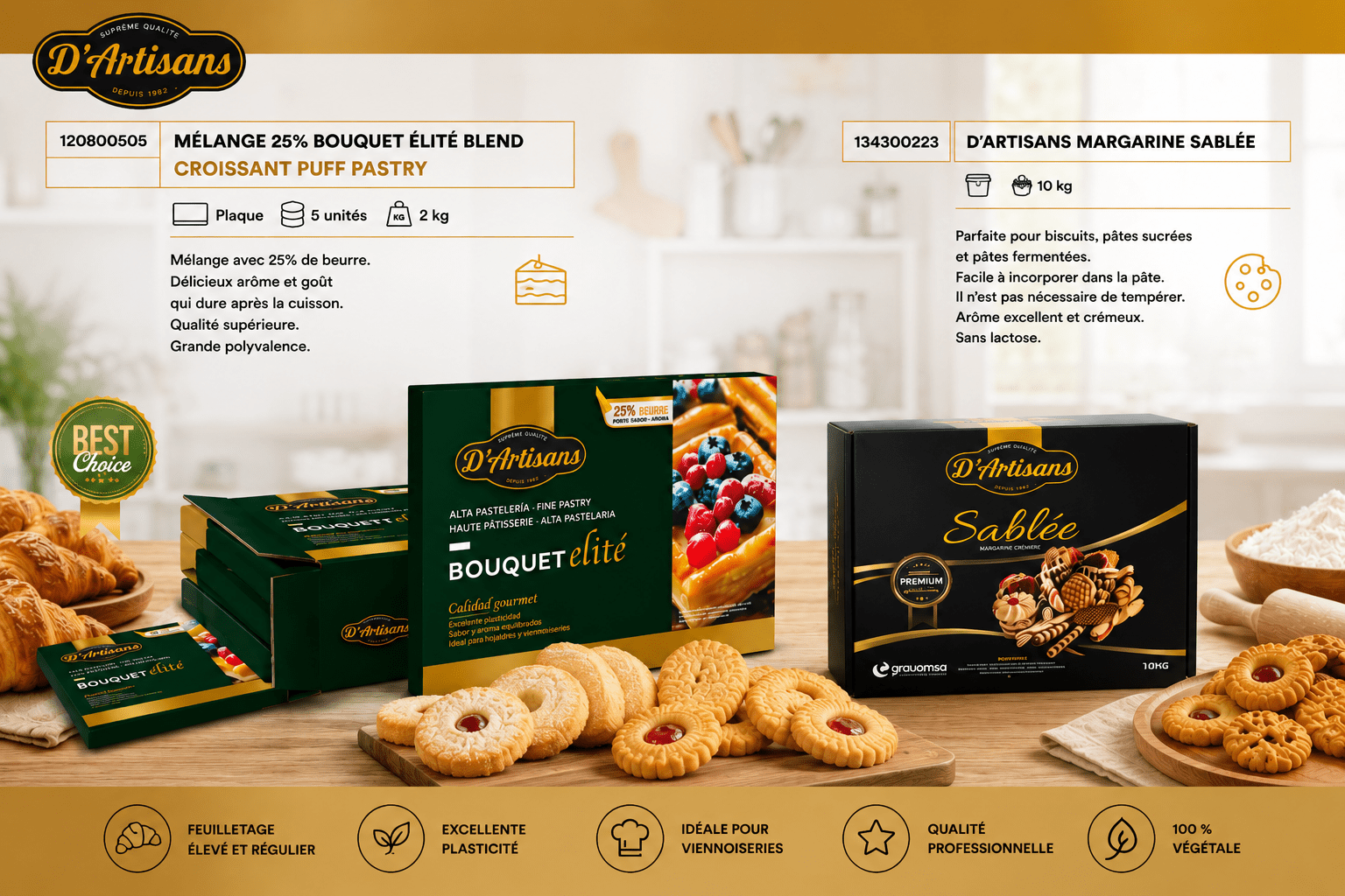 Margarine Feuilletage 80 % MG D'Artisans Bouquet Élite – Carton 10 kg (5 x 2 kg) - Beurredor
