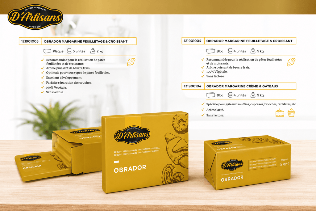 Margarine de Feuilletage D’Artisans OBRADOR 80 % MG – Carton 10 kg (5 × 2 kg)